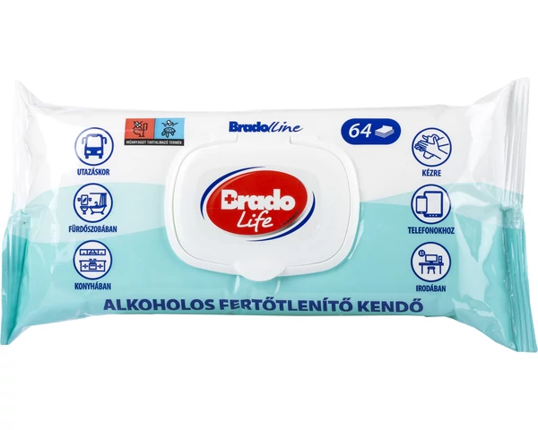 Bradolife fertőtlenítő kendő 64db kupakos